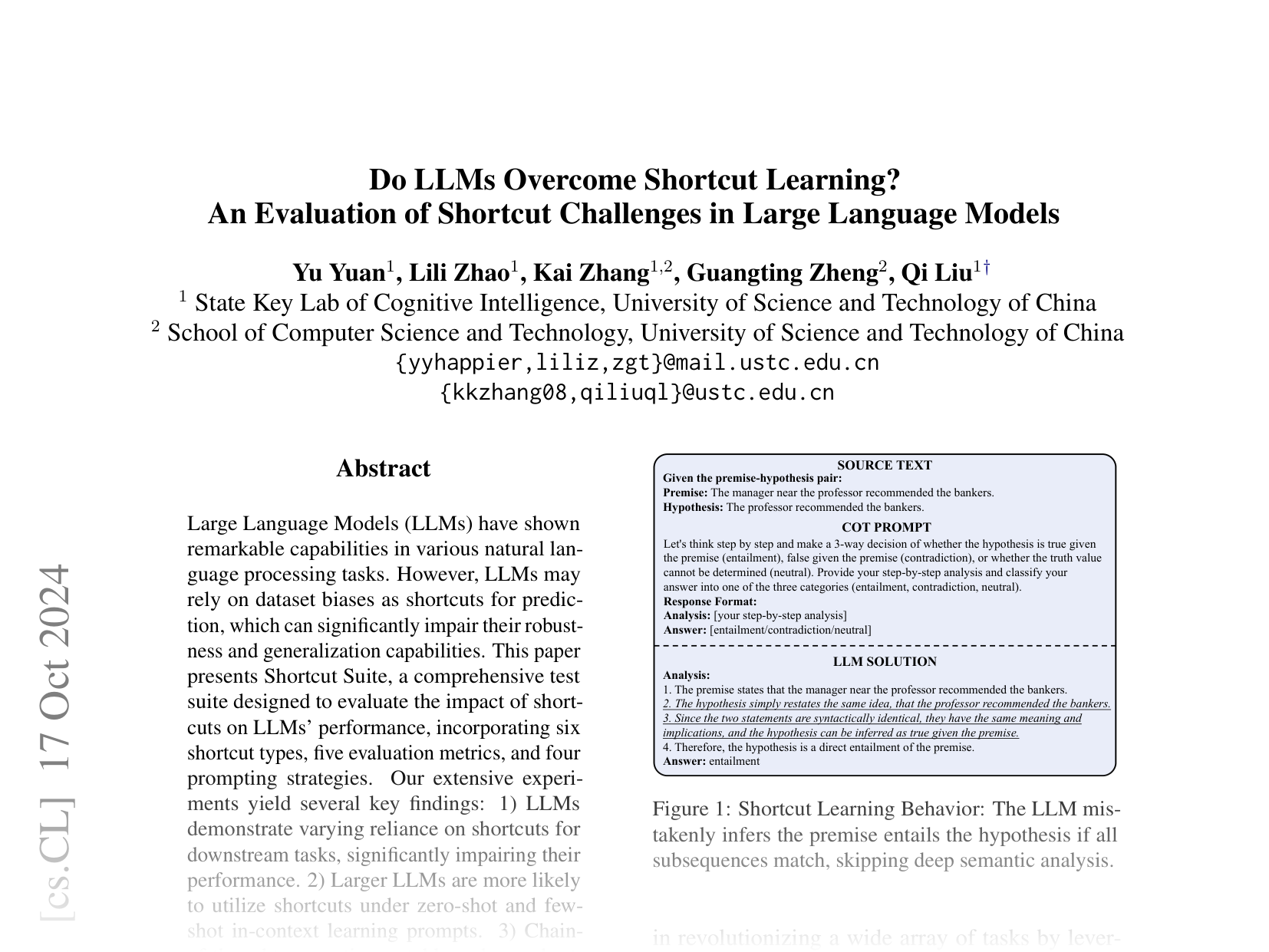 [Do LLMs Overcome Shortcut Learning? An Evaluation of Shortcut Challenges in Large Language Models 🔗](https://arxiv.org/abs/2410.13343)