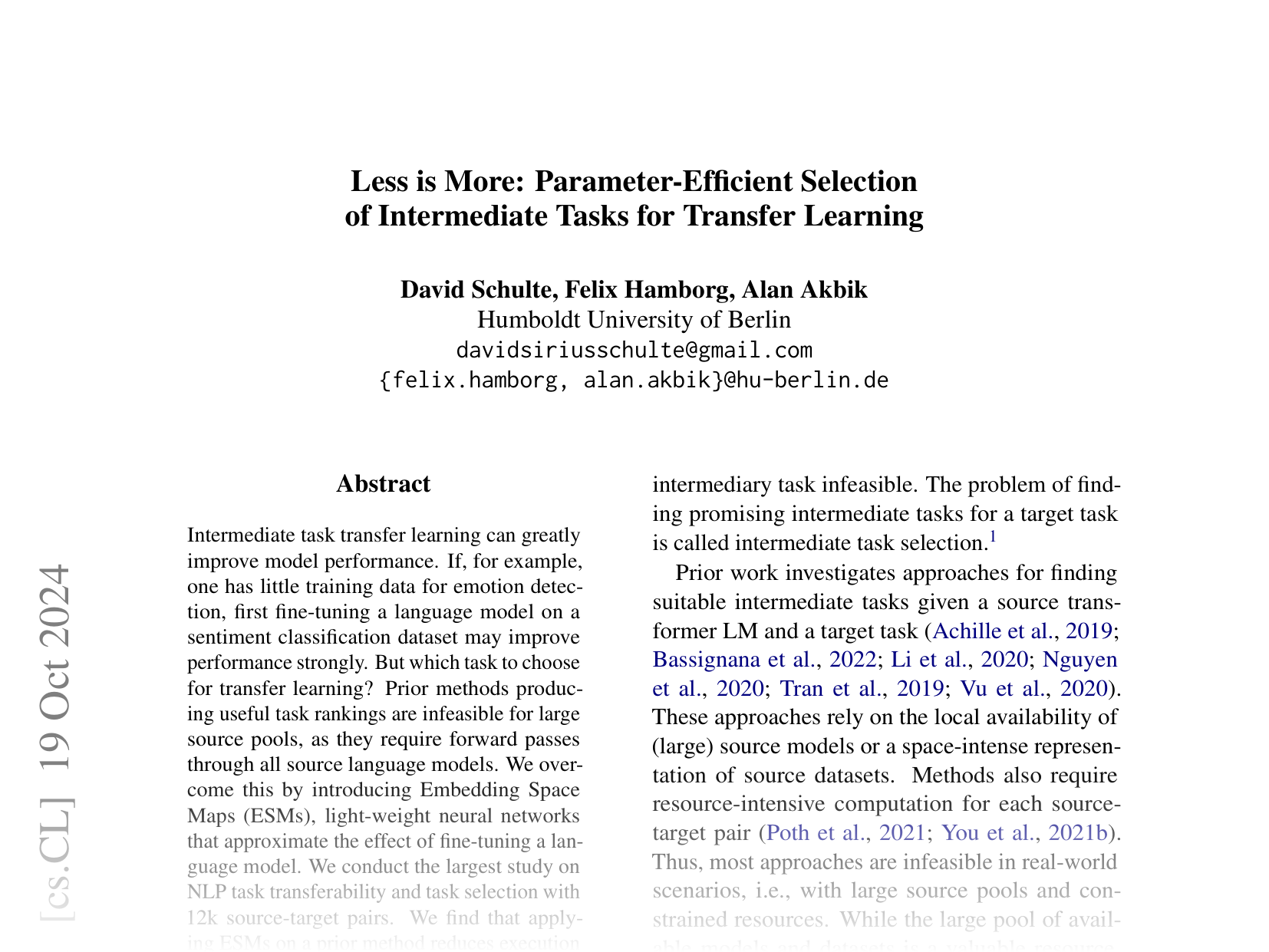 [Less is More: Parameter-Efficient Selection of Intermediate Tasks for Transfer Learning 🔗](https://arxiv.org/abs/2410.15148)