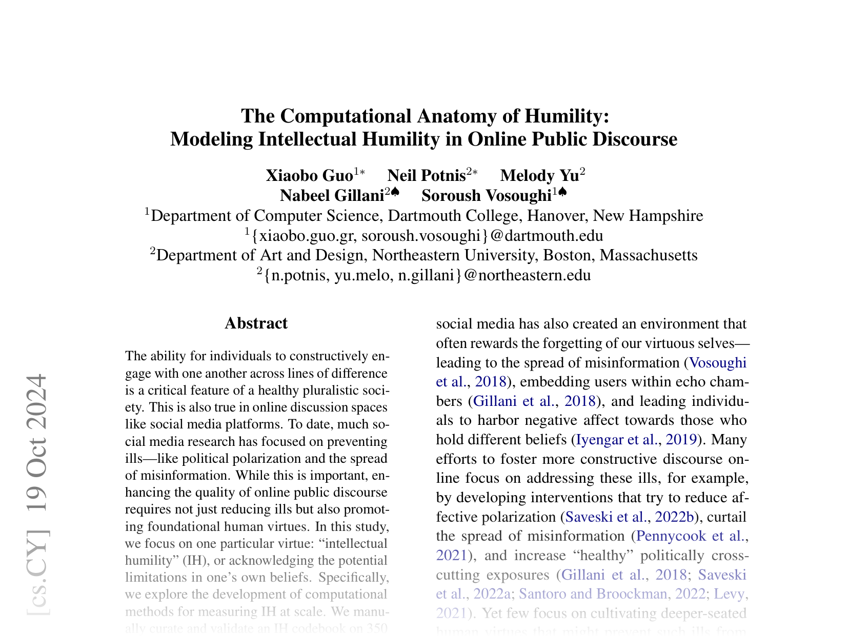 [The Computational Anatomy of Humility: Modeling Intellectual Humility in Online Public Discourse 🔗](https://arxiv.org/abs/2410.15182)