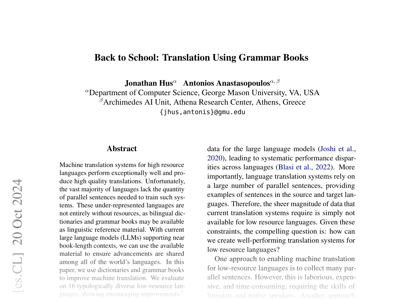 [Back to School: Translation Using Grammar Books 🔗](https://arxiv.org/abs/2410.15263)