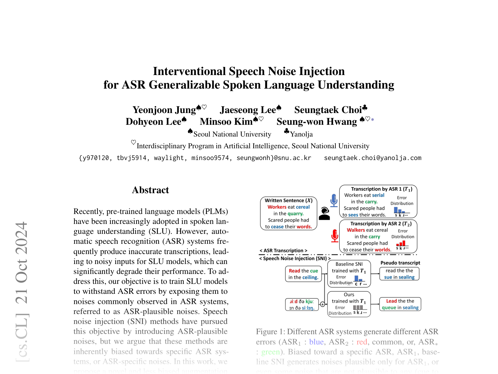 [Interventional Speech Noise Injection for ASR Generalizable Spoken Language Understanding 🔗](https://arxiv.org/abs/2410.15609)