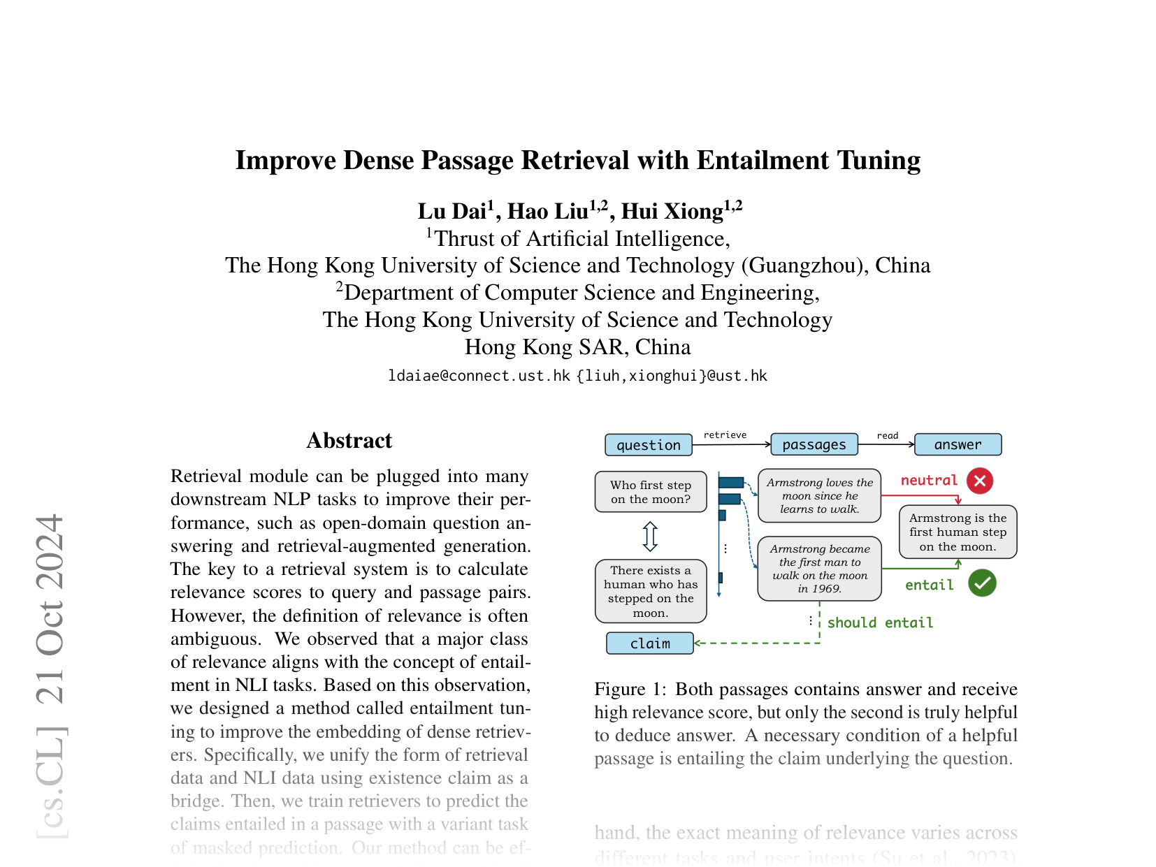 [Improve Dense Passage Retrieval with Entailment Tuning 🔗](https://arxiv.org/abs/2410.15801)