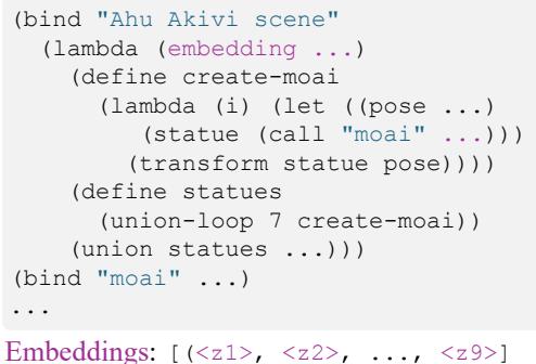 Figure 1. Structured Scene Generation and Editing Using the Scene Language. The system uses a program to define structure (left), natural language for semantics, and embeddings for visual style (right), enabling precise editing like style transfer.