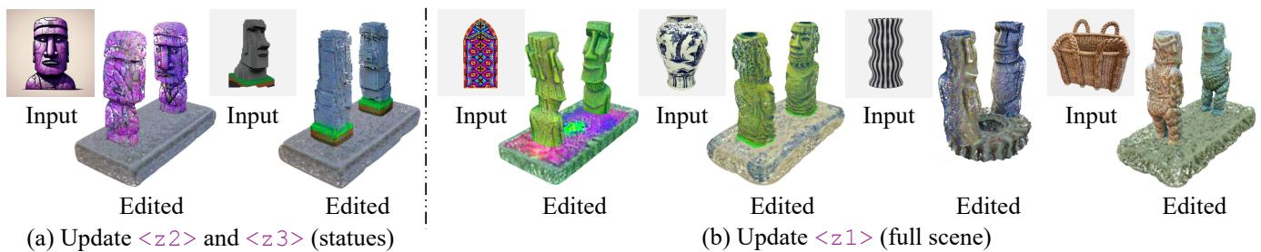Figure 8. Scene Editing with Image Instructions. Replacing embeddings allows for targeted style transfer while preserving geometry.