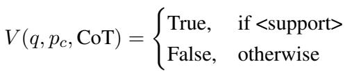Equation 4: The verification function determining if a chunk supports the answer.