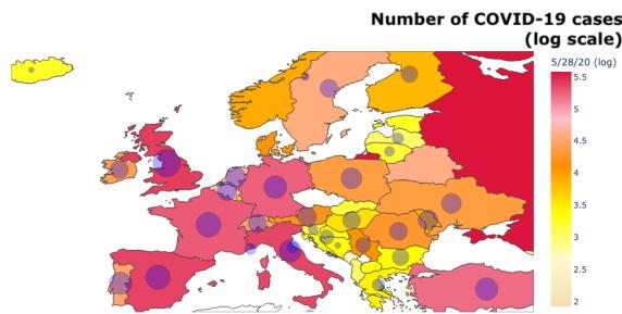 Figure 6: Geographical distribution of the number of reported COVID-19 cases as of May 28, 2020 in Europe.