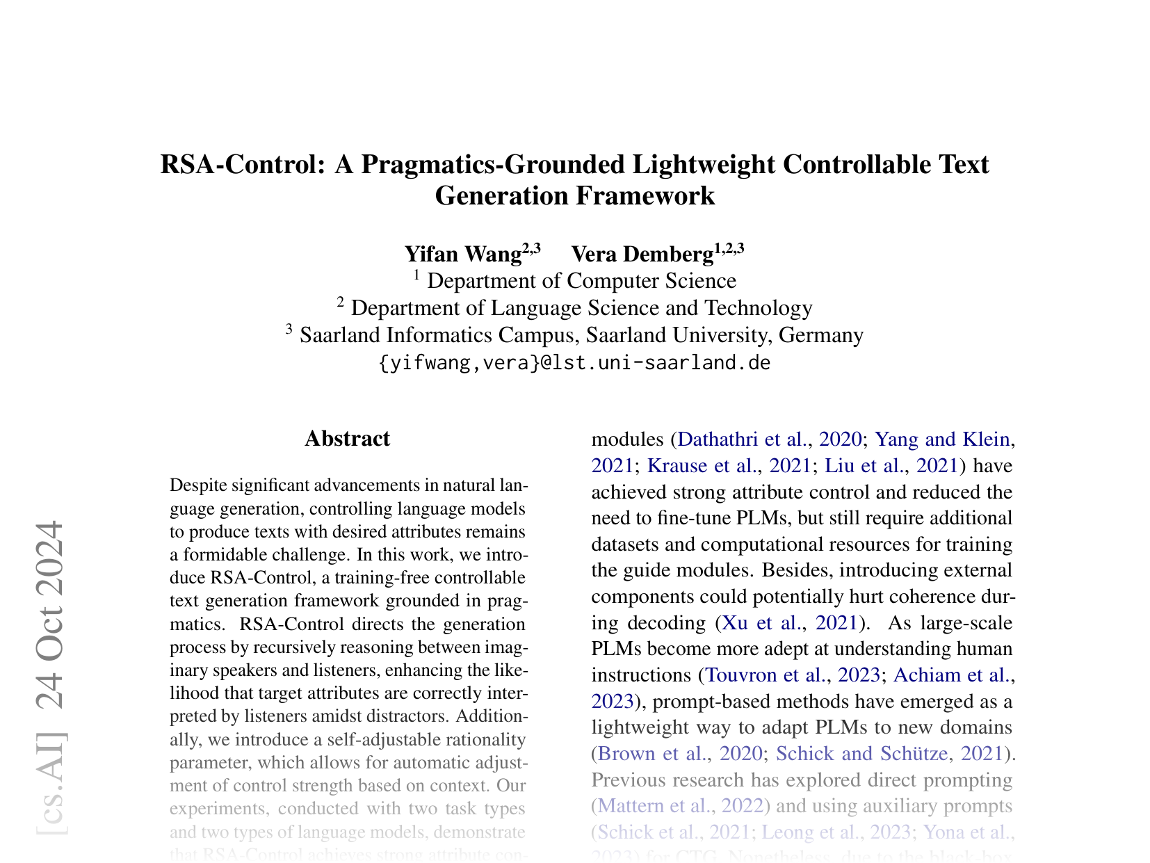 [RSA-Control: A Pragmatics-Grounded Lightweight Controllable Text Generation Framework 🔗](https://arxiv.org/abs/2410.19109)