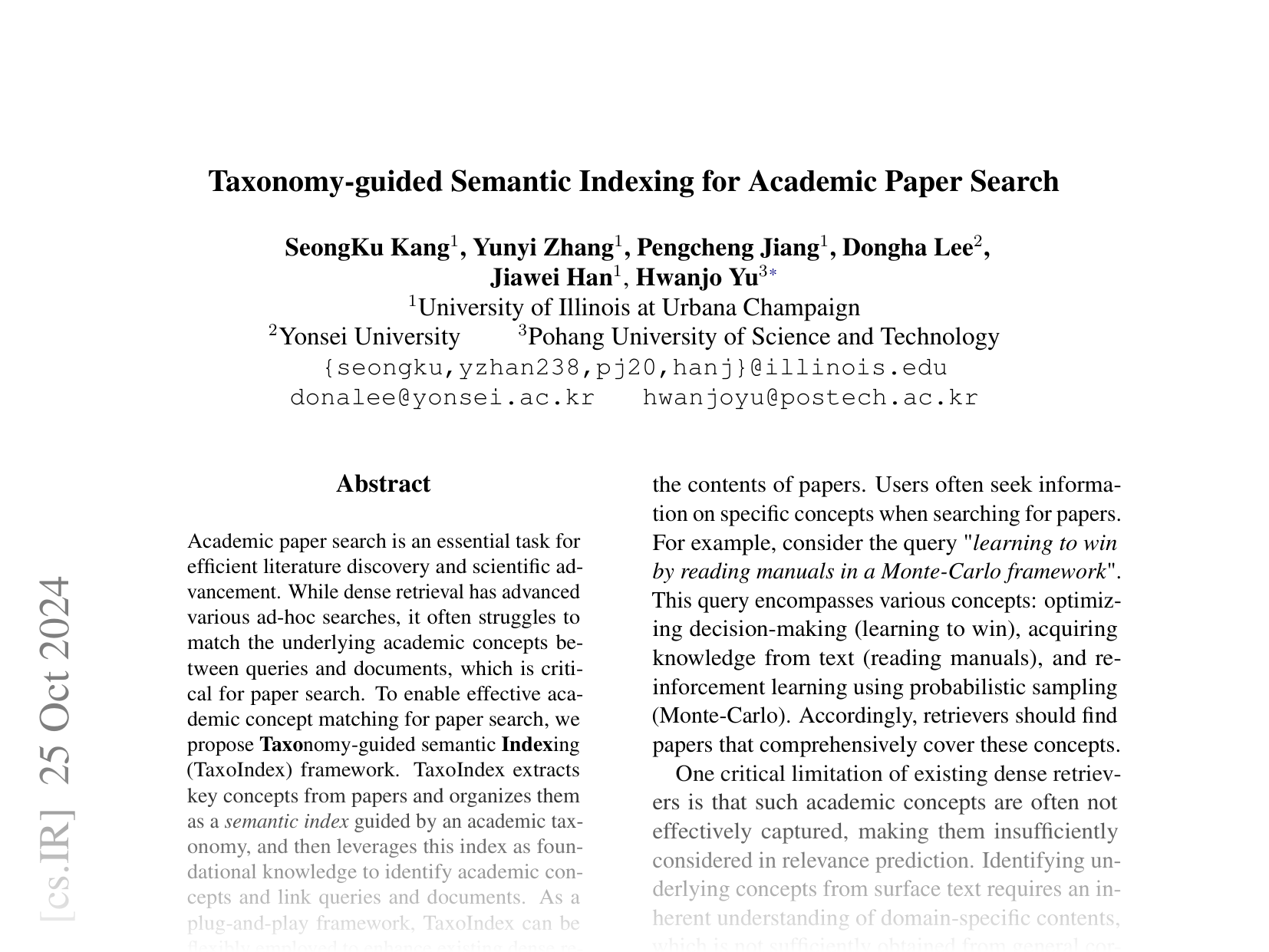 [Taxonomy-guided Semantic Indexing for Academic Paper Search 🔗](https://arxiv.org/abs/2410.19218)