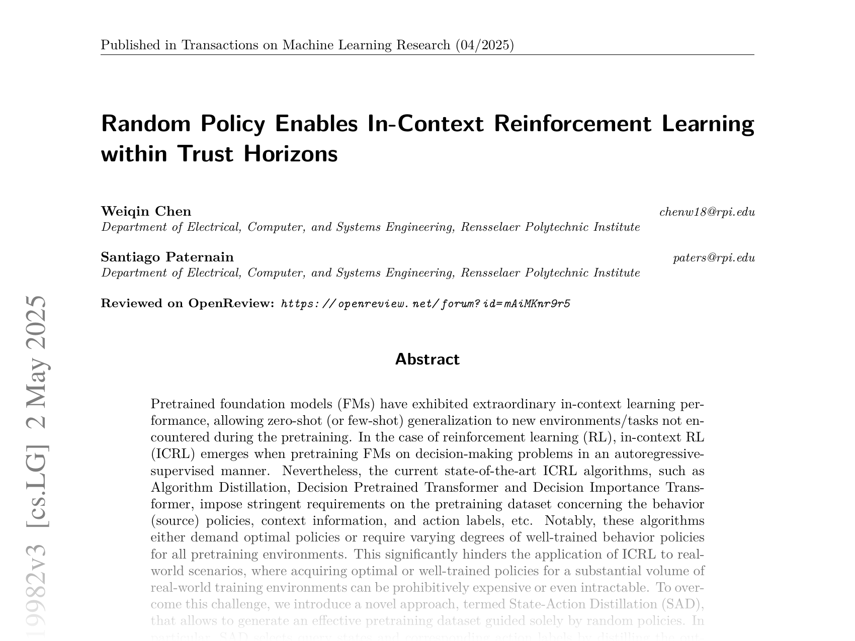 [Random Policy Enables In-Context Reinforcement Learning within Trust Horizons 🔗](https://arxiv.org/abs/2410.19982)