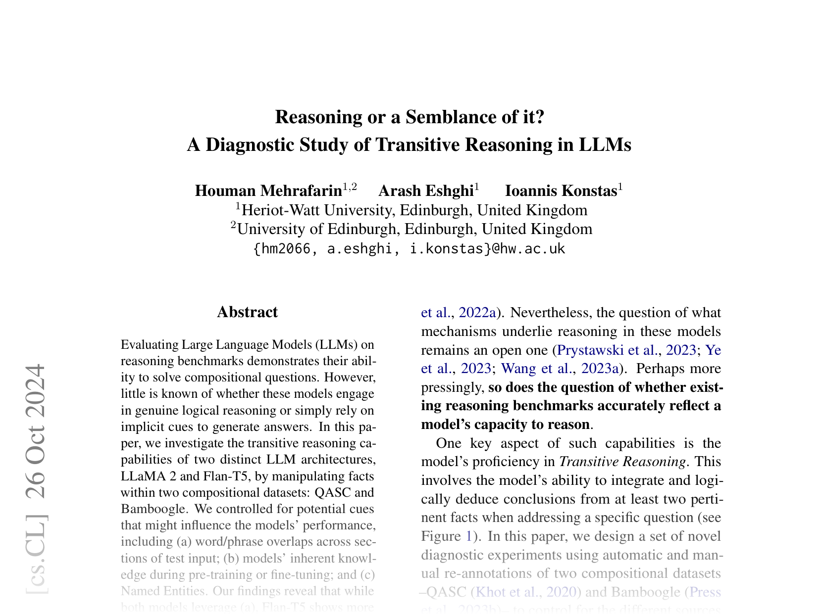 [Reasoning or a Semblance of it? A Diagnostic Study of Transitive Reasoning in LLMs 🔗](https://arxiv.org/abs/2410.20200)