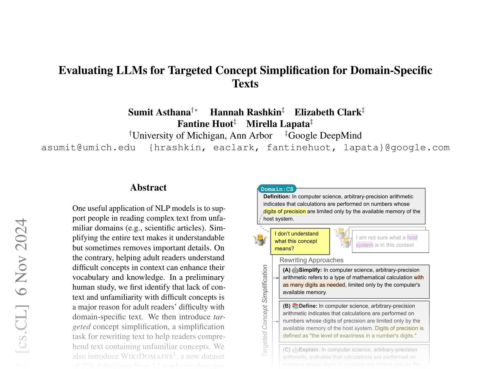 [Evaluating LLMs for Targeted Concept Simplification for Domain-Specific Texts 🔗](https://arxiv.org/abs/2410.20763)