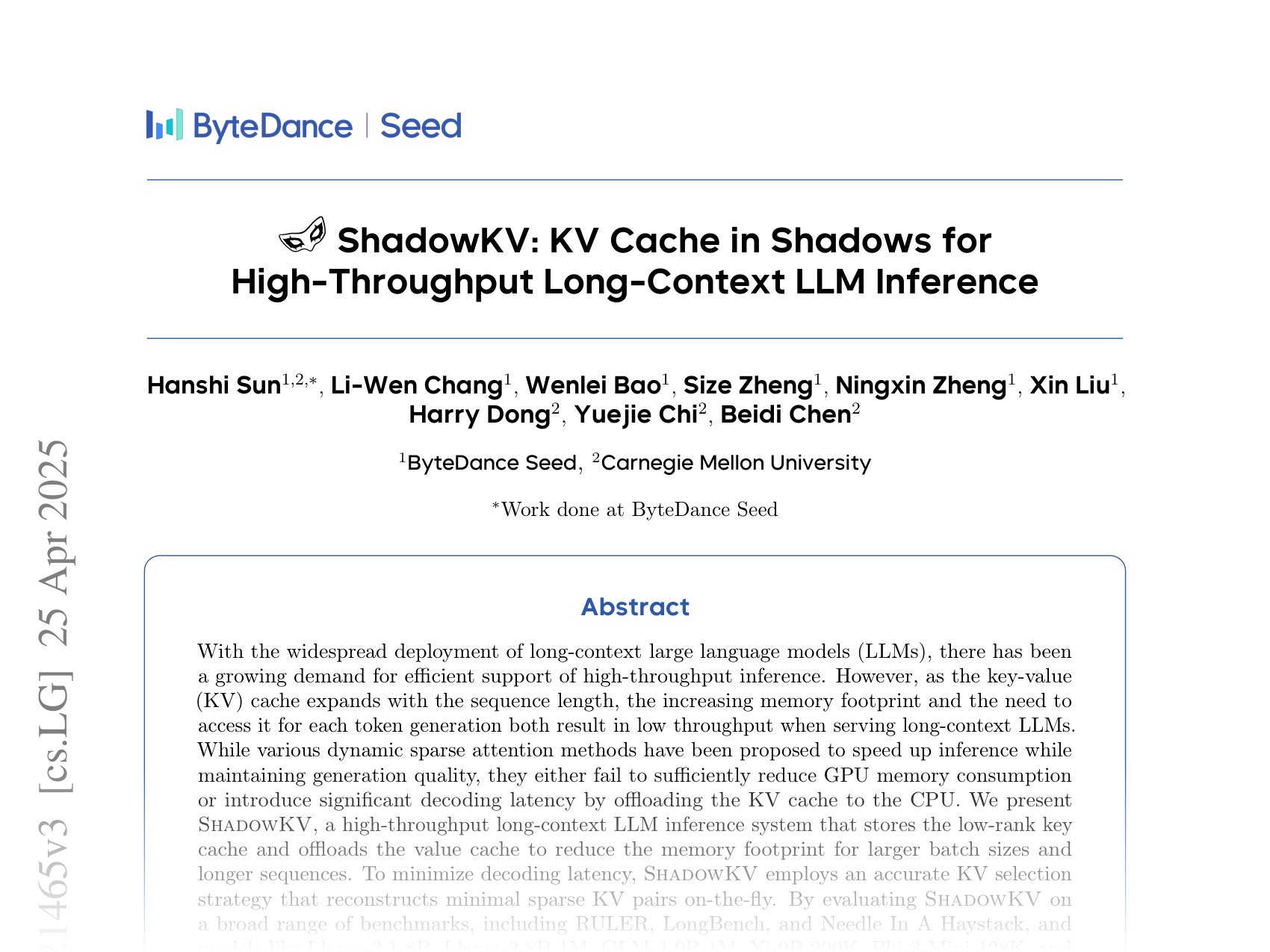 [ShadowKV: KV Cache in Shadows for High-Throughput Long-Context LLM Inference 🔗](https://arxiv.org/abs/2410.21465)