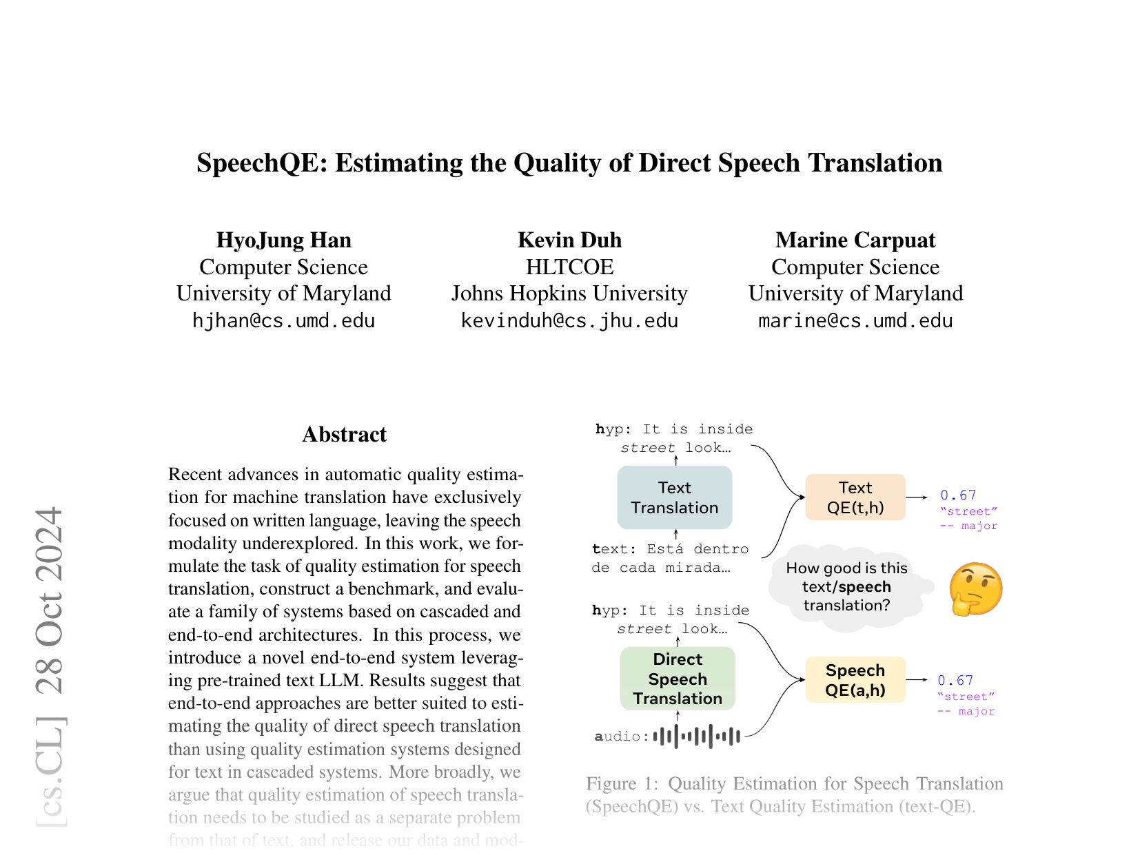 [SpeechQE: Estimating the Quality of Direct Speech Translation 🔗](https://arxiv.org/abs/2410.21485)