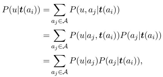 展开给定已知文本 t(a_i) 时文本 u 的概率的公式。