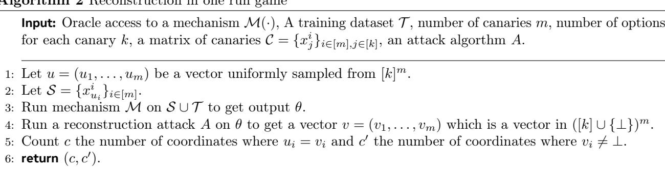 Algorithm 2 showing the steps for the Reconstruction in One Run game.