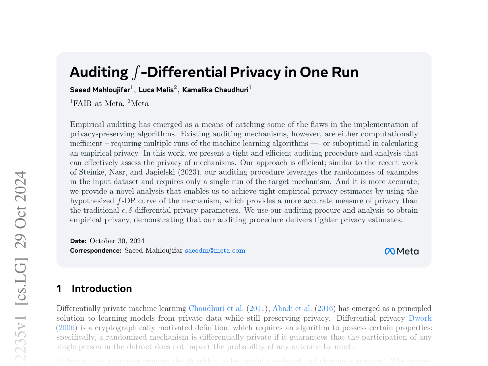 [Auditing f-Differential Privacy in One Run 🔗](https://arxiv.org/abs/2410.22235)