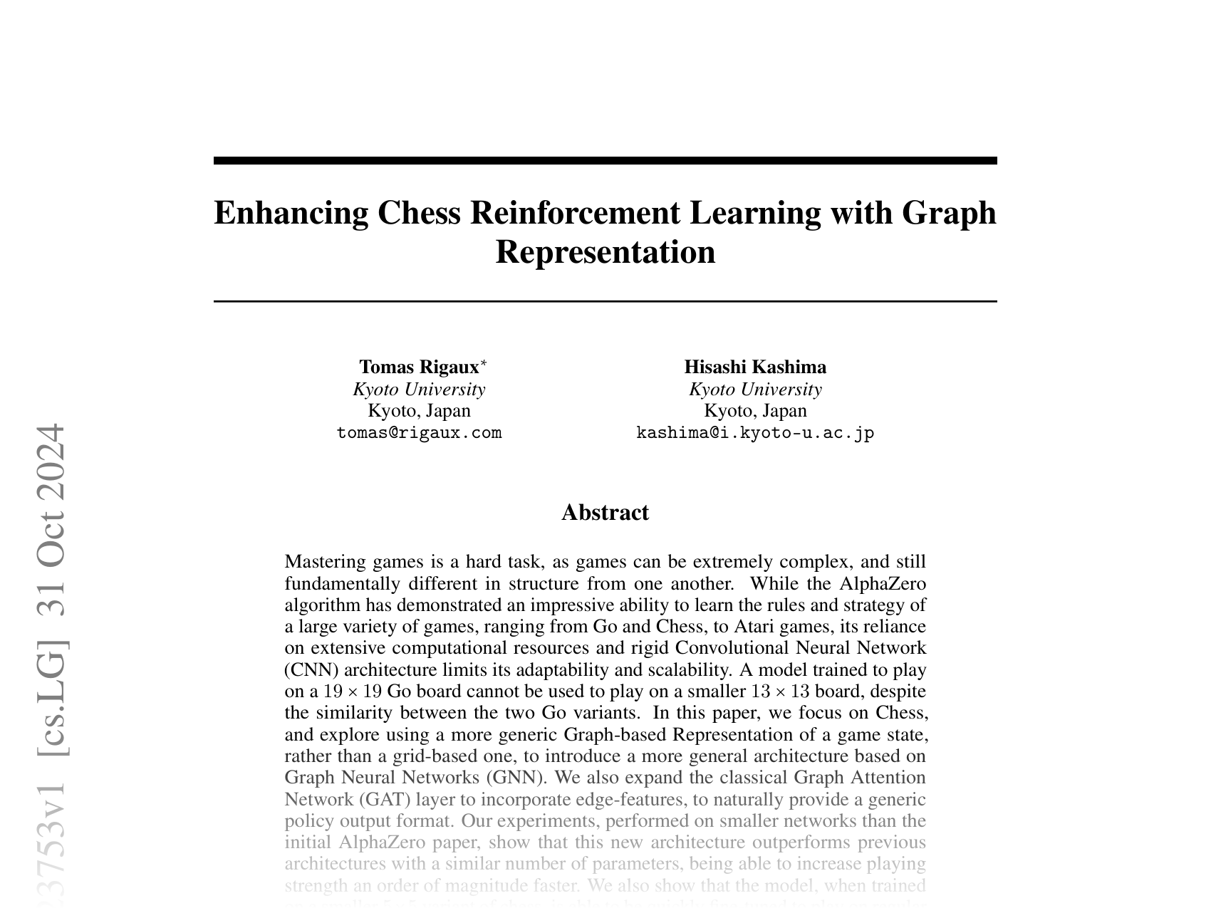 [Enhancing Chess Reinforcement Learning with Graph Representation 🔗](https://arxiv.org/abs/2410.23753)