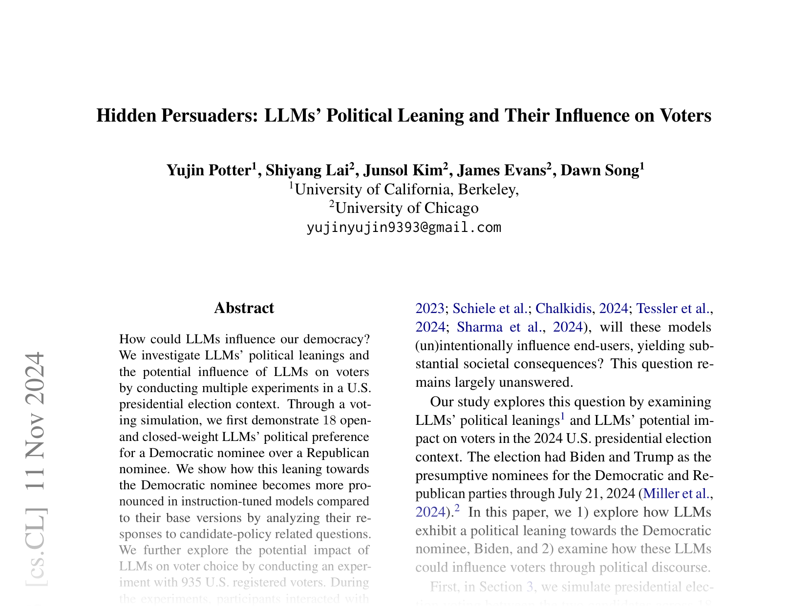 [Hidden Persuaders: LLMs' Political Leaning and Their Influence on Voters 🔗](https://arxiv.org/abs/2410.24190)