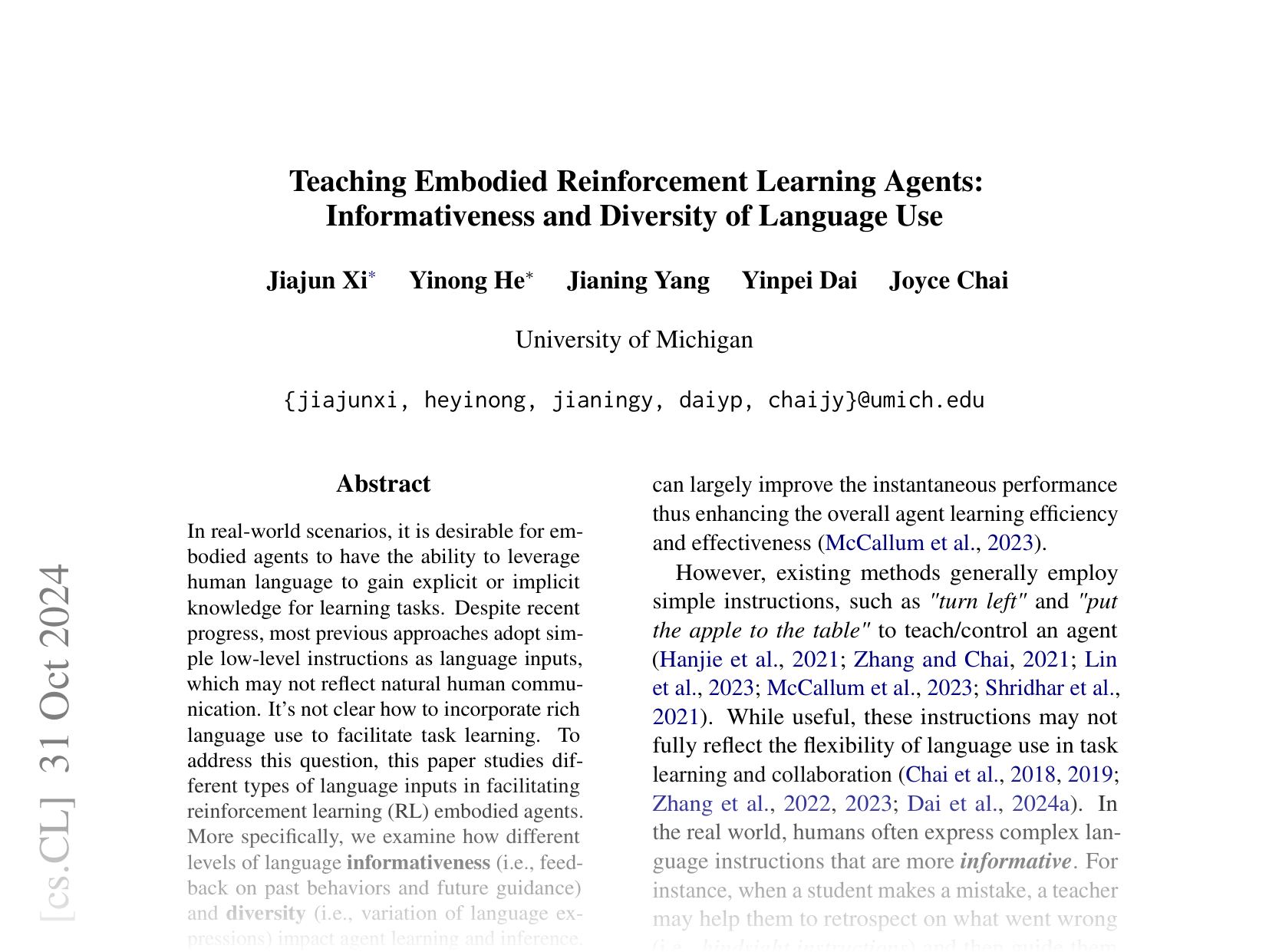 [Teaching Embodied Reinforcement Learning Agents: Informativeness and Diversity of Language Use 🔗](https://arxiv.org/abs/2410.24218)