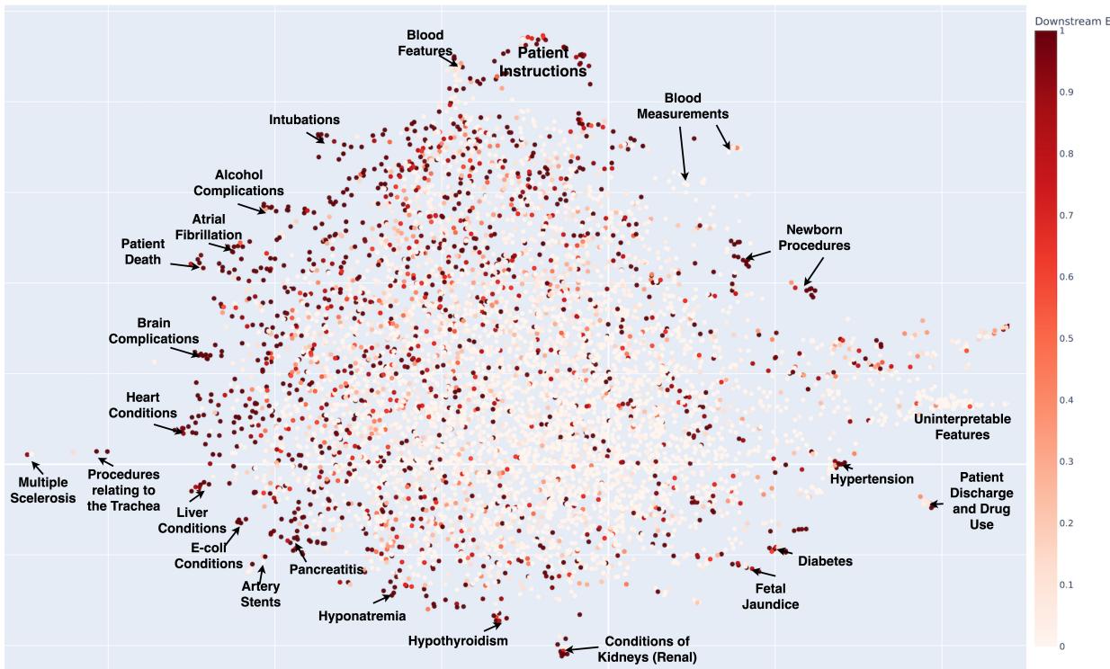 图 4: SPINE 嵌入的 UMAP: 字典特征在引导模型行为方面具有可解释性。