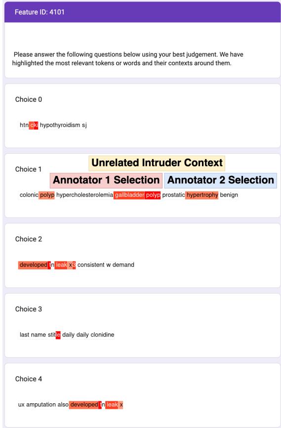 图 10: 一个较难解释的 L1 特征示例，两位标注者均做出了区分。