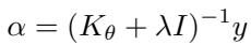 使用核矩阵 (K) 、正则化参数 λ 和标签 y 计算最优权重 α 的方程。