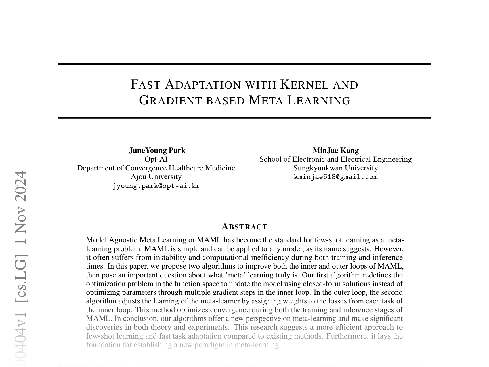 [FAST ADAPTATION WITH KERNEL AND GRADIENT BASED META LEARNING 🔗](https://arxiv.org/abs/2411.00404)