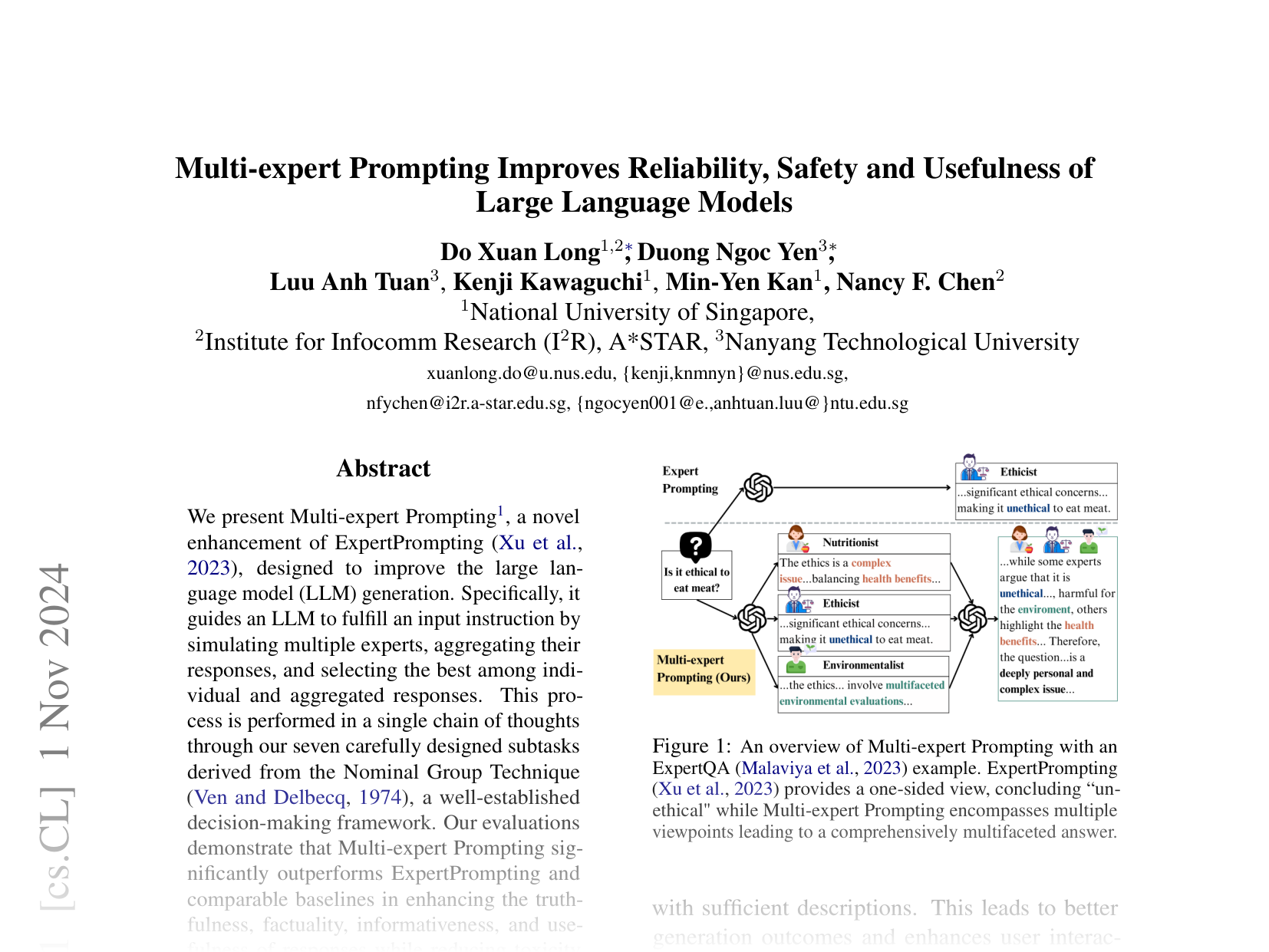[Multi-expert Prompting Improves Reliability, Safety and Usefulness of Large Language Models 🔗](https://arxiv.org/abs/2411.00492)