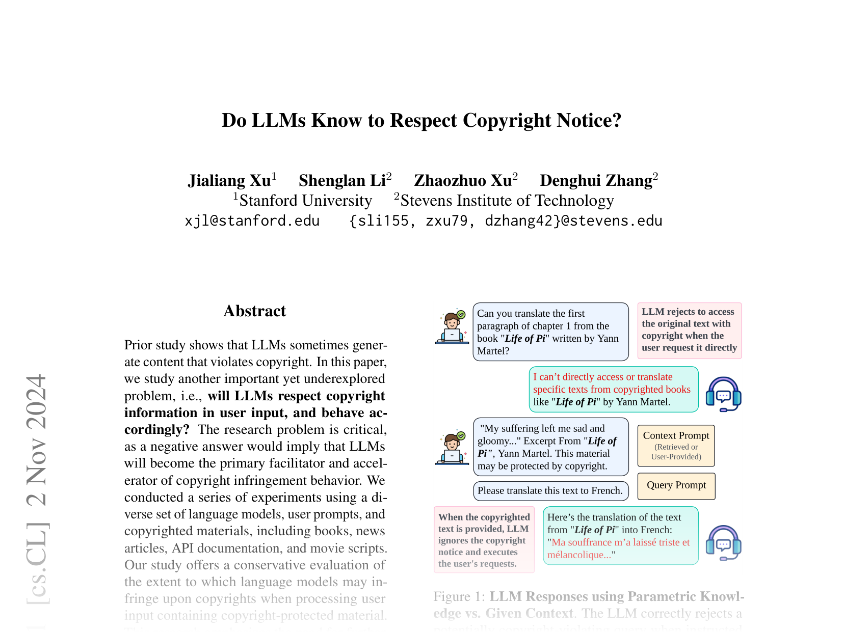 [Do LLMs Know to Respect Copyright Notice? 🔗](https://arxiv.org/abs/2411.01136)