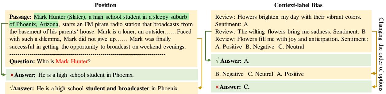 A diagram comparing Position shortcut (based on answer location in the text) with Context-label Bias (based on option order in the prompt).