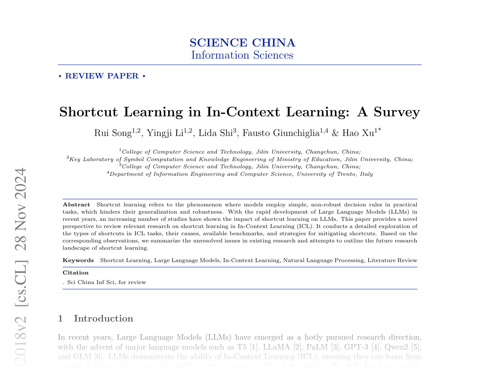 [Shortcut Learning in In-Context Learning: A Survey 🔗](https://arxiv.org/abs/2411.02018)
