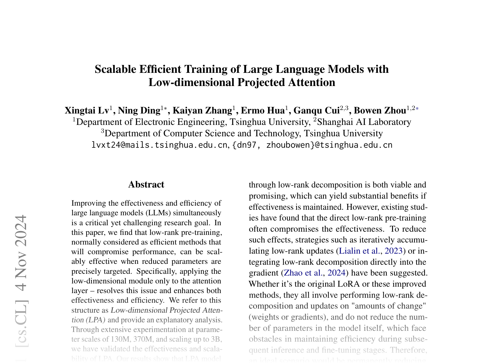 [Scalable Efficient Training of Large Language Models with Low-dimensional Projected Attention 🔗](https://arxiv.org/abs/2411.02063)