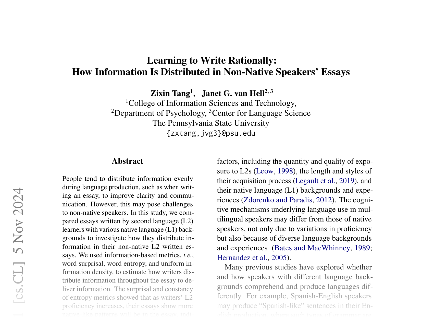 [Learning to Write Rationally: How Information Is Distributed in Non-Native Speakers’ Essays 🔗](https://arxiv.org/abs/2411.03550)