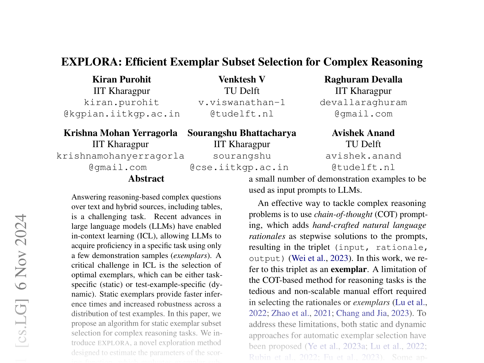 [EXPLORA: Efficient Exemplar Subset Selection for Complex Reasoning 🔗](https://arxiv.org/abs/2411.03877)