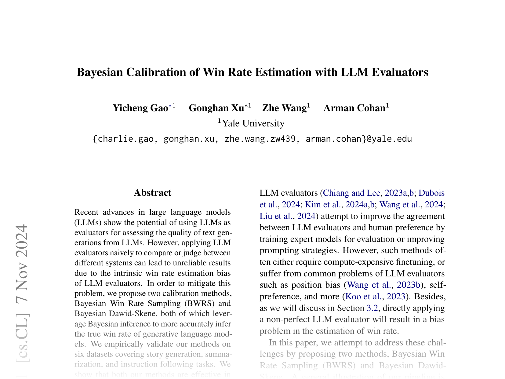 [Bayesian Calibration of Win Rate Estimation with LLM Evaluators 🔗](https://arxiv.org/abs/2411.04424)