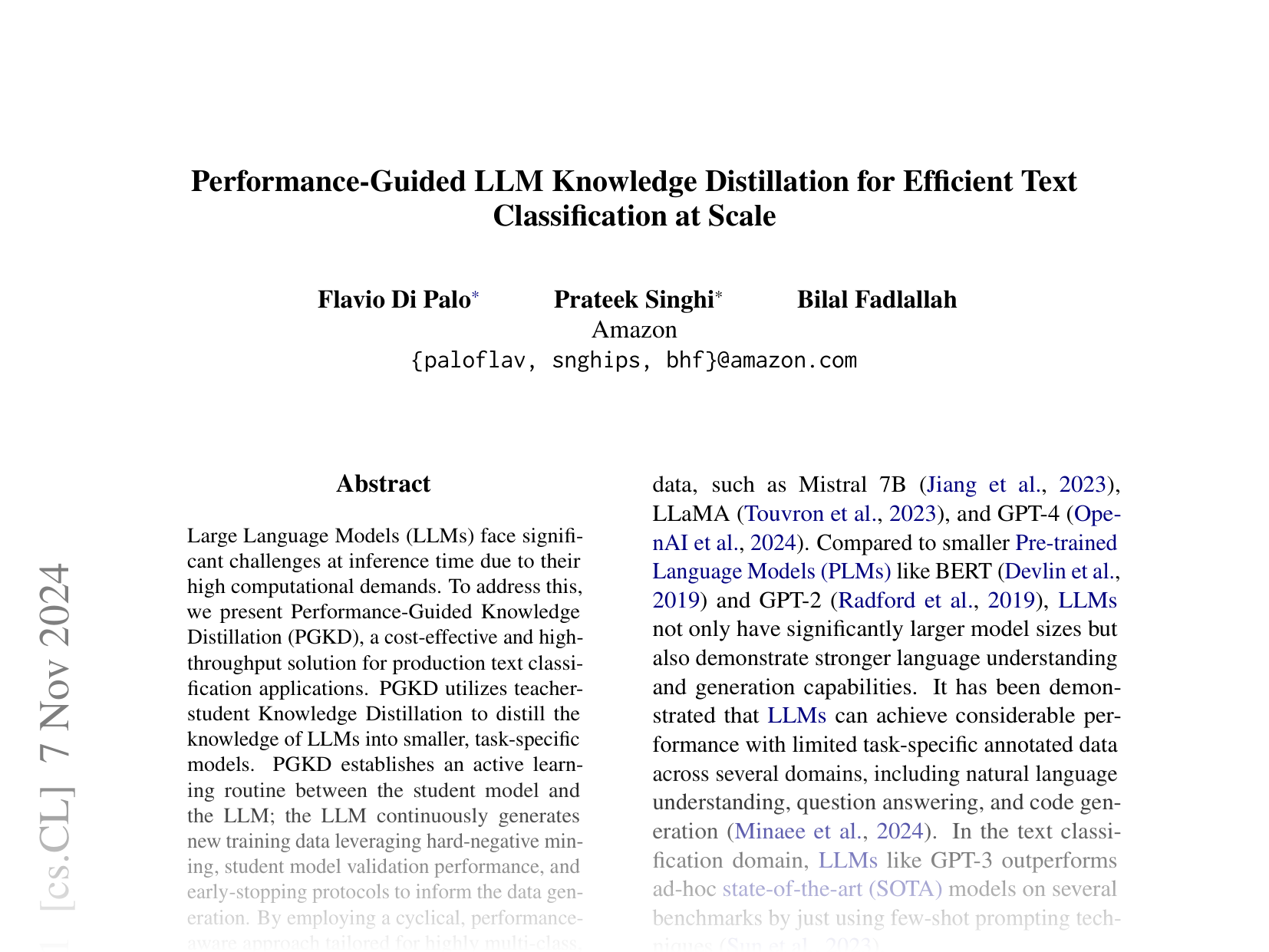 [Performance-Guided LLM Knowledge Distillation for Efficient Text Classification at Scale 🔗](https://arxiv.org/abs/2411.05045)