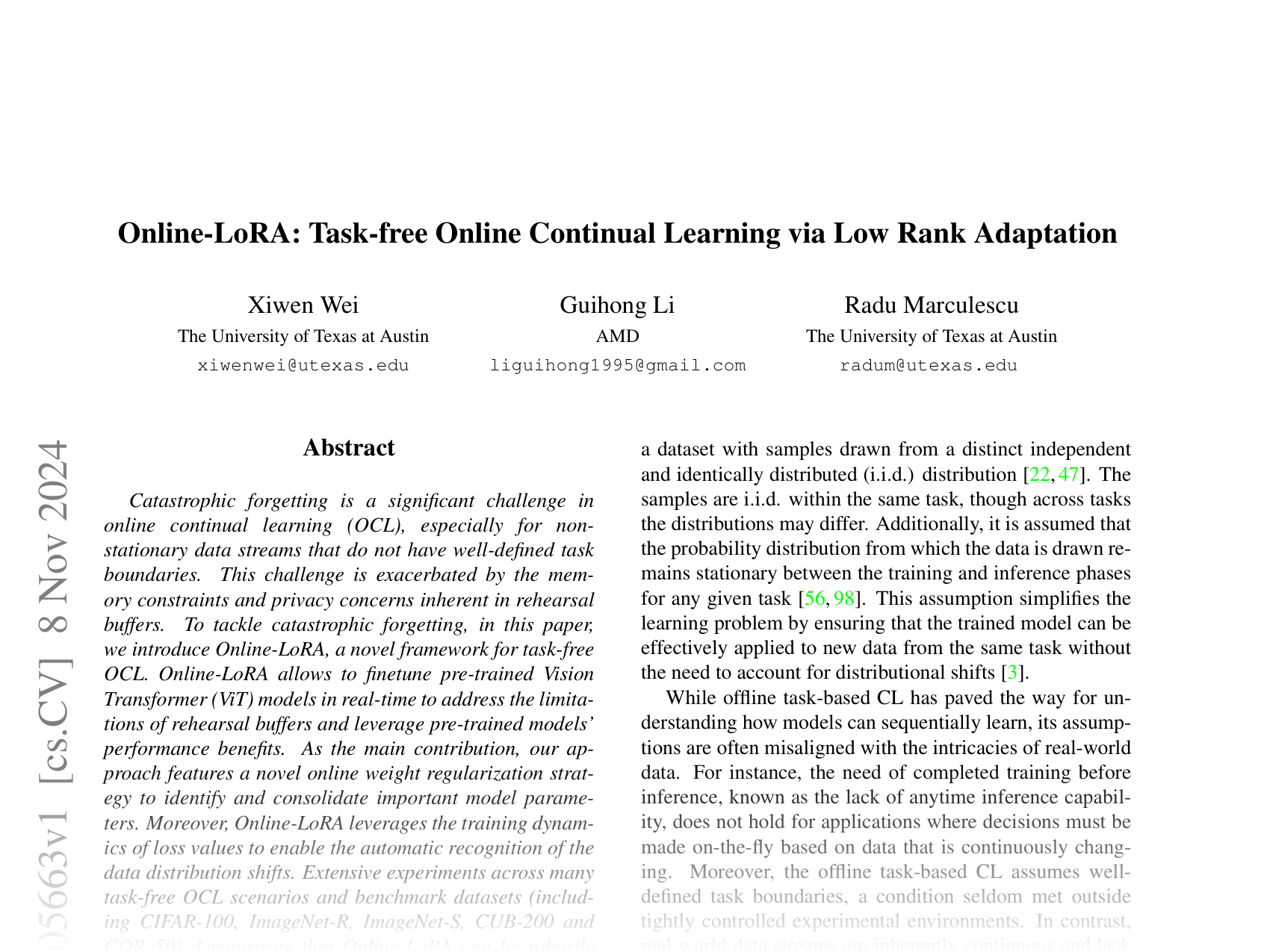 [Online-LoRA: Task-free Online Continual Learning via Low Rank Adaptation 🔗](https://arxiv.org/abs/2411.05663)
