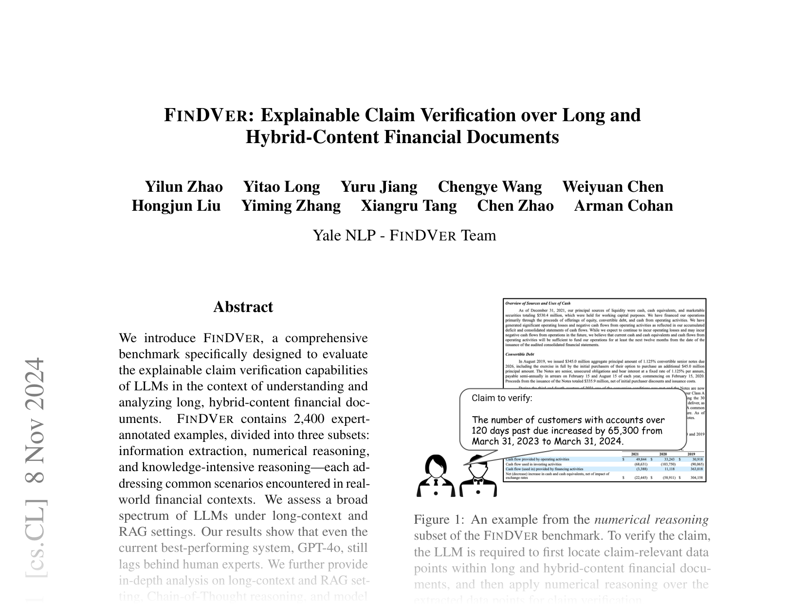 [FINDVER: Explainable Claim Verification over Long and Hybrid-Content Financial Documents 🔗](https://arxiv.org/abs/2411.05764)