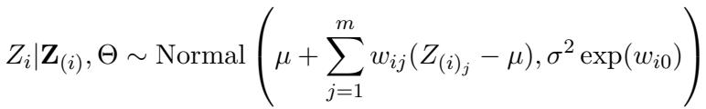 The conditional normal distribution for a single point given its neighbors in the Vecchia approximation.