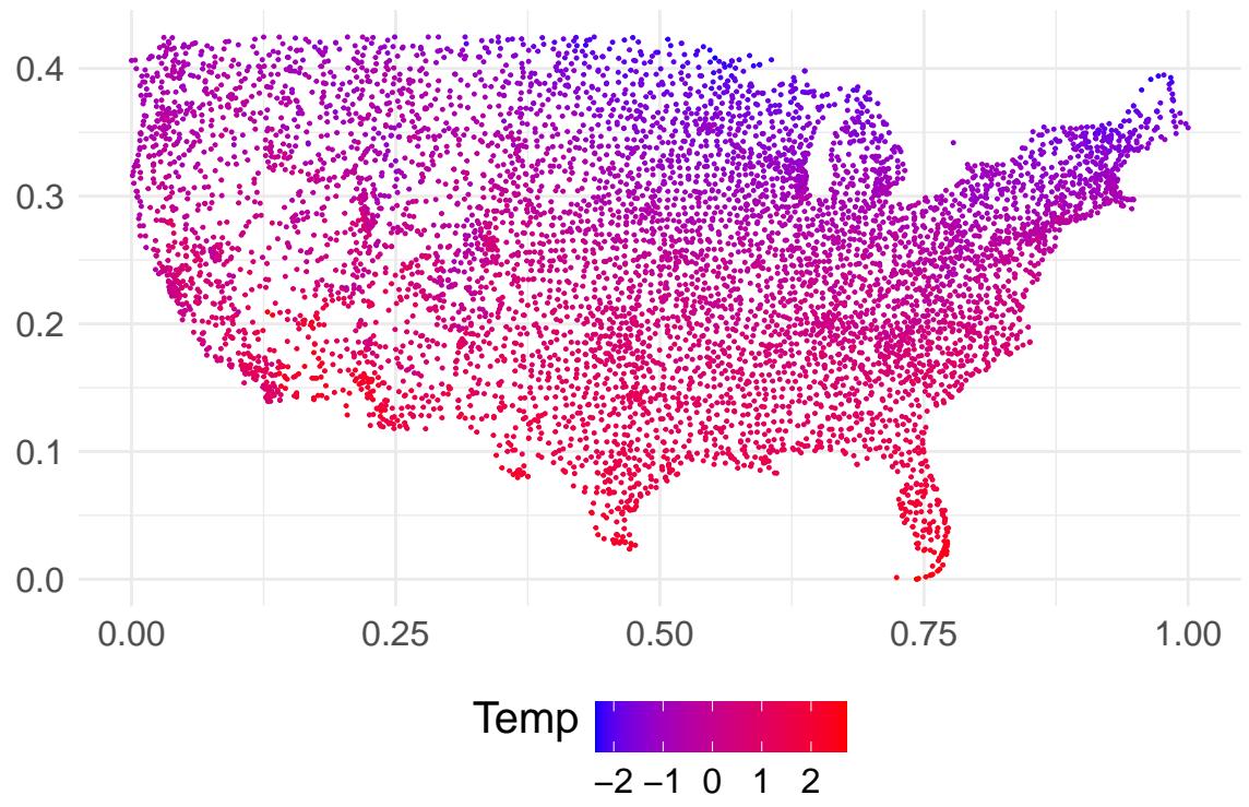 A map of the standardized mean temperature data across the contiguous US, showing clear spatial patterns.