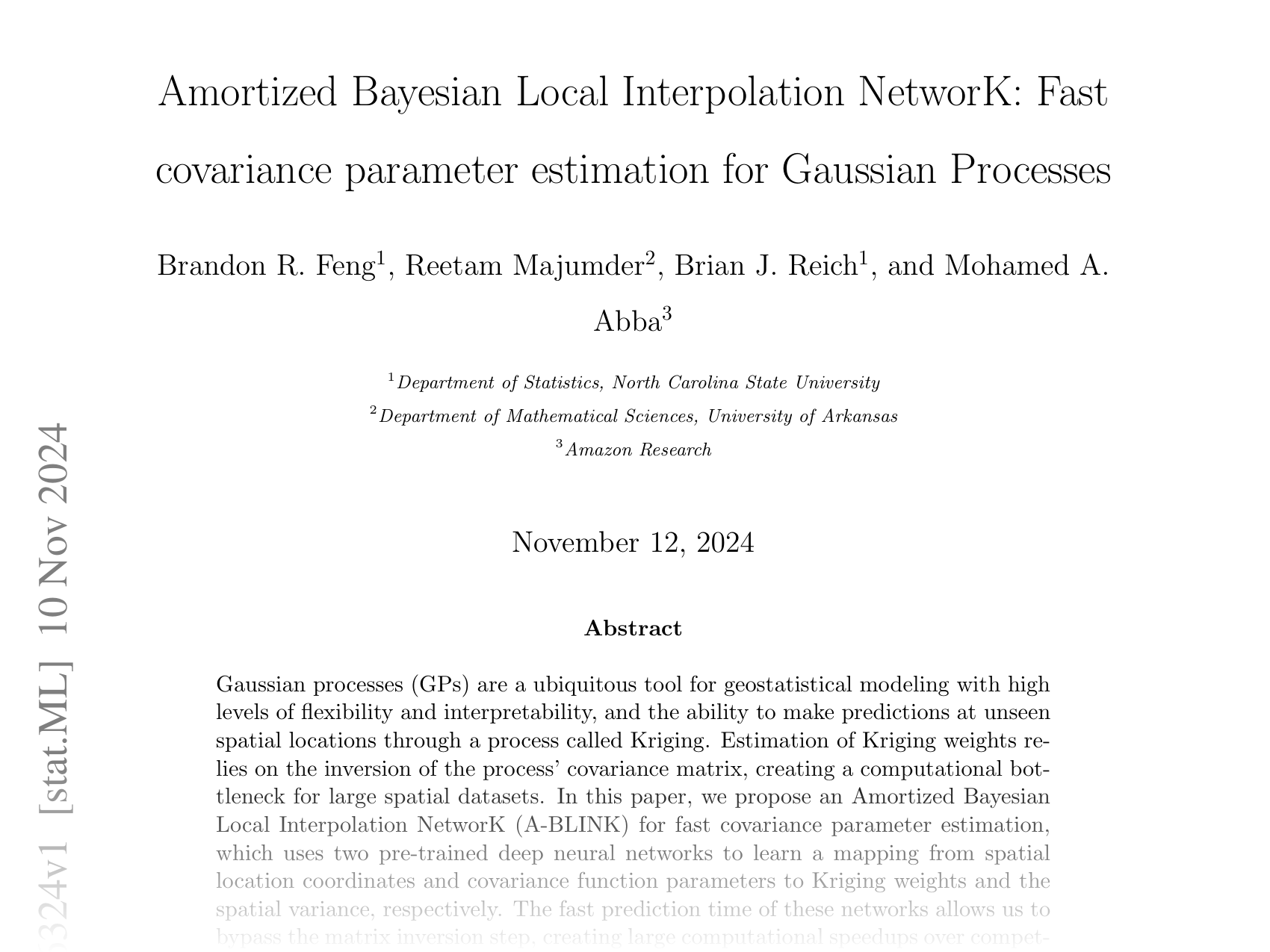 [Amortized Bayesian Local Interpolation Network: Fast covariance parameter estimation for Gaussian Processes 🔗](https://arxiv.org/abs/2411.06324)