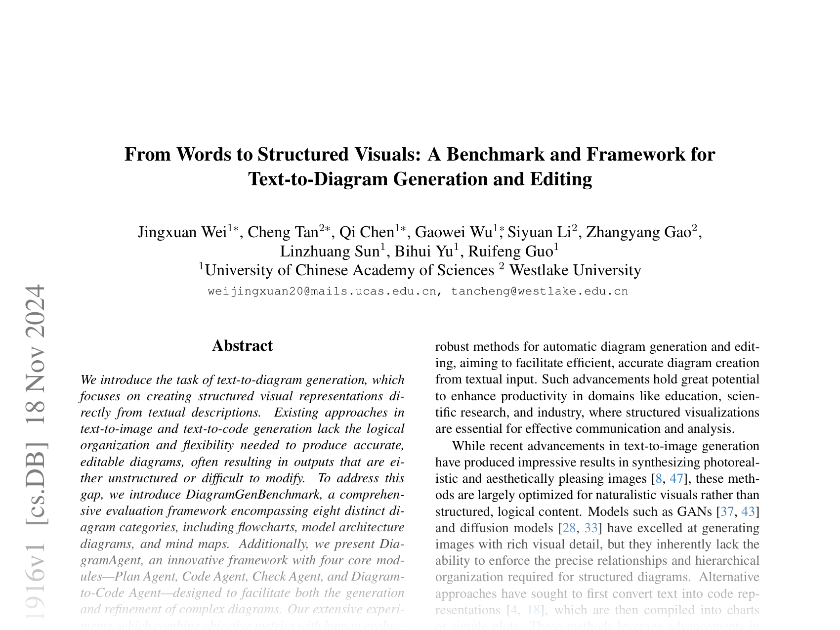 [From Words to Structured Visuals: A Benchmark and Framework for Text-to-Diagram Generation and Editing 🔗](https://arxiv.org/abs/2411.11916)