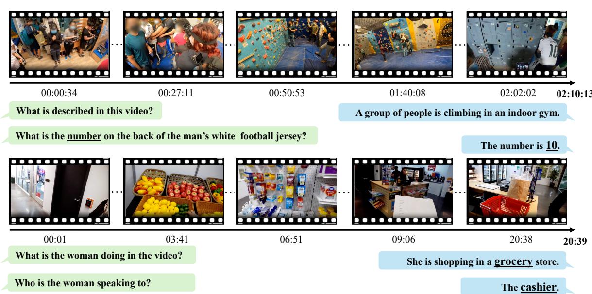 Case study showing the model answering questions about a 2-hour video.