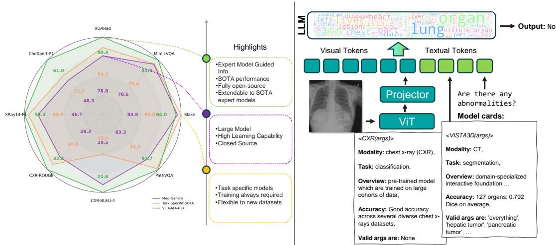 Comparison of VILA-M3 with SOTA benchmarks. Left: Performance radar chart showing VILA-M3 outperforming Med-Gemini. Right: High-level architectural overview.