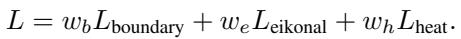 The total loss function combining boundary, eikonal, and heat terms.