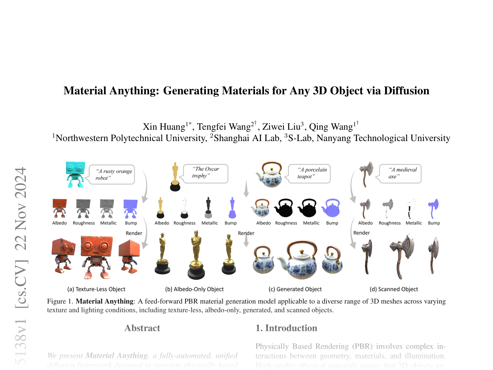 [Material Anything: Generating Materials for Any 3D Object via Diffusion 🔗](https://arxiv.org/abs/2411.15138)