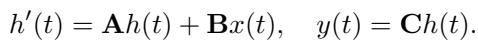 Equation of continuous system mapping input to output with hidden state.