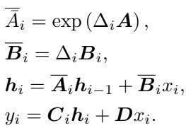 Selective State Space Model equations showing parameters depending on input i.