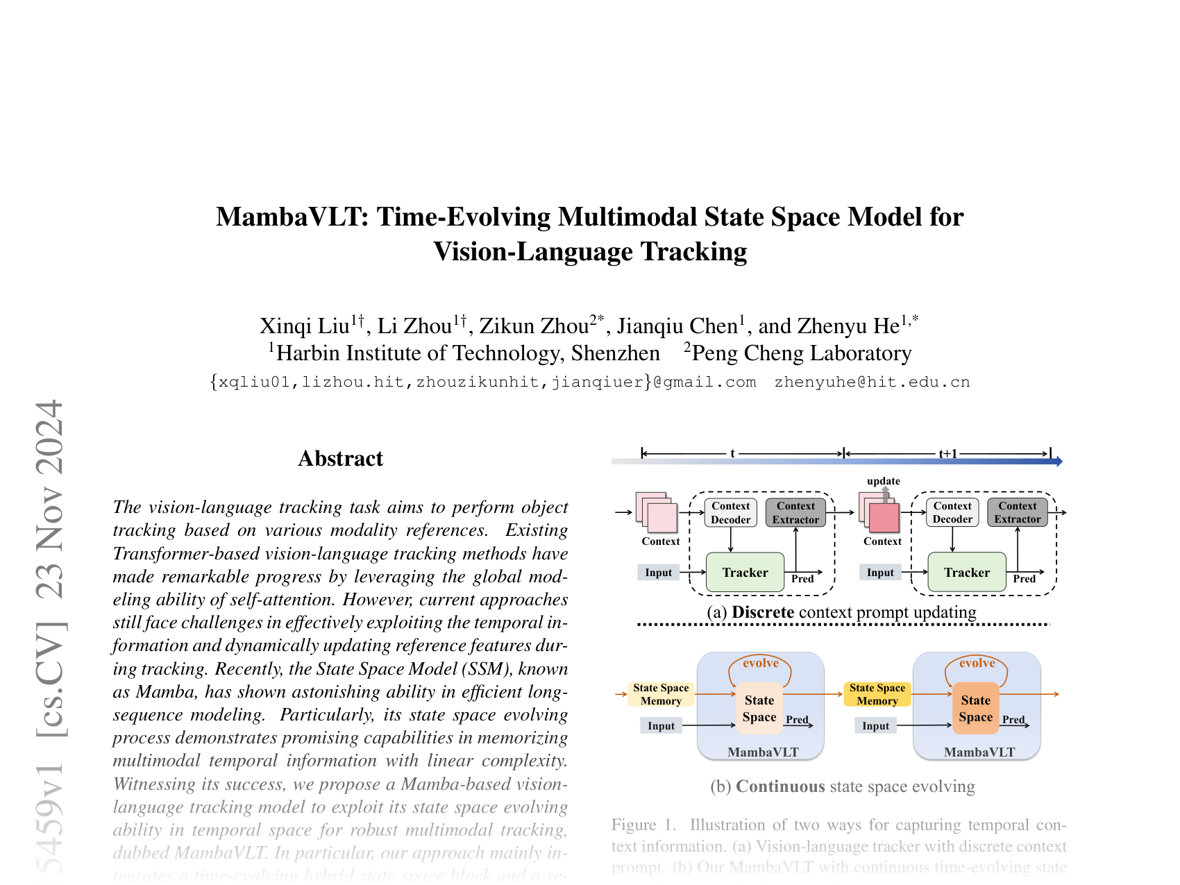[MambaVLT: Time-Evolving Multimodal State Space Model for Vision-Language Tracking 🔗](https://arxiv.org/abs/2411.15459)