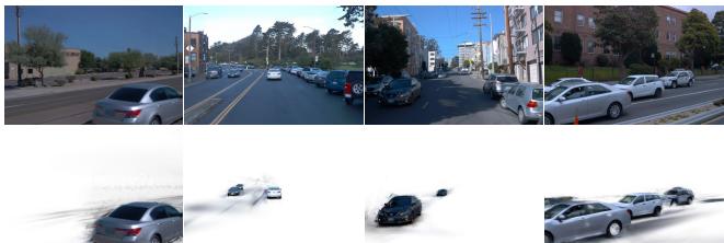 Figure 11. Dynamic object decomposition results of SplatFlow on Waymo. Row1: Rendered scene, Row2: Corresp. Decomposition